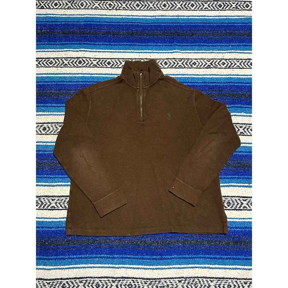 Y2K Polo Ralph Lauren Men's L Brown 1/4 Zip Pullover Sweater Green Pony Cotton